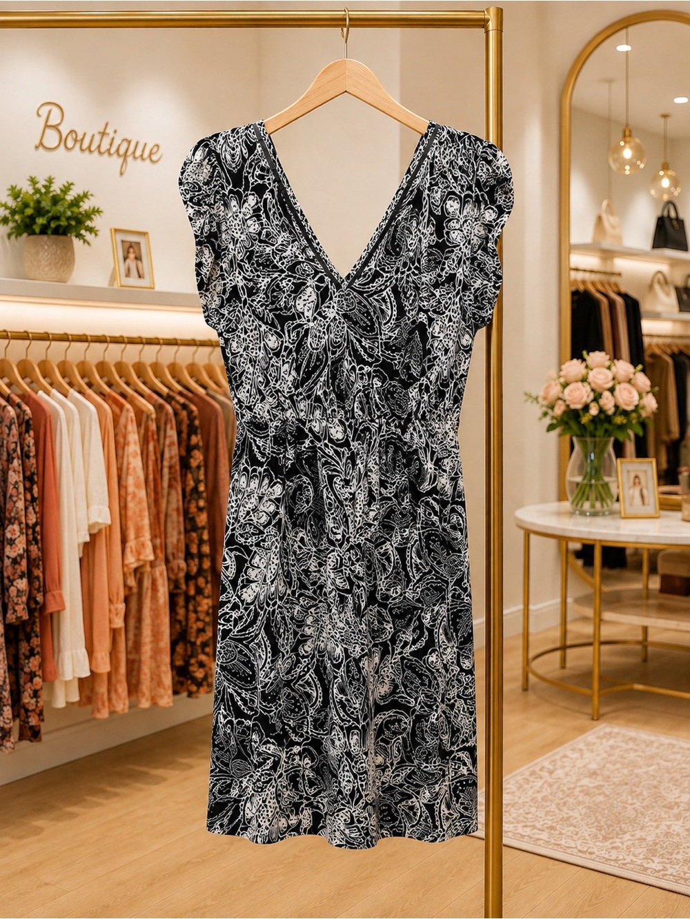 LOFT Black & White Paisley V-Neck Midi Dress